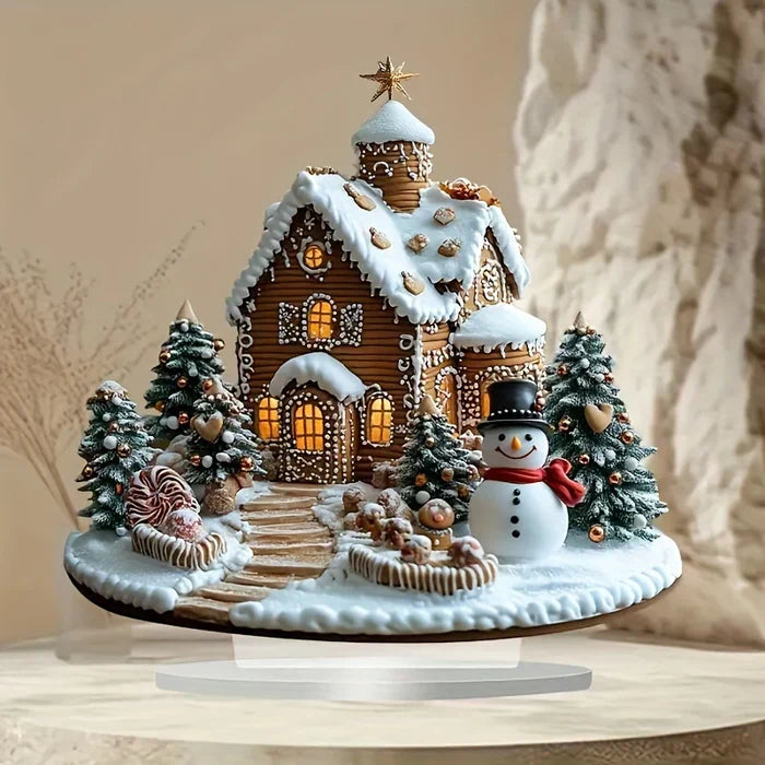 Acrylic Gingerbread House Christmas Decoration with Snowman