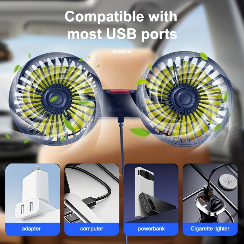 AirTrek Duo Double USB Car Fan, 5-Blade, 360° Rotatable, 21 cm