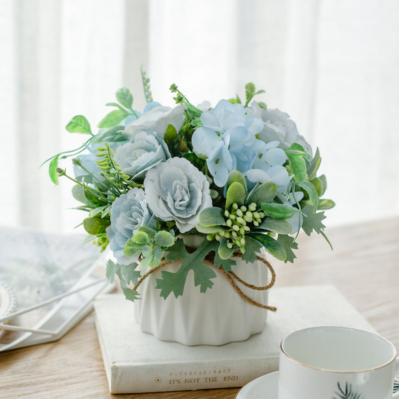 Artificial Floral Arrangement with Roses, Ceramic Pot and Twine Bow