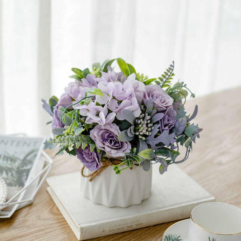 Artificial Floral Arrangement with Roses, Ceramic Pot and Twine Bow