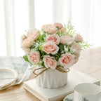 Artificial Floral Arrangement with Roses, Ceramic Pot and Twine Bow