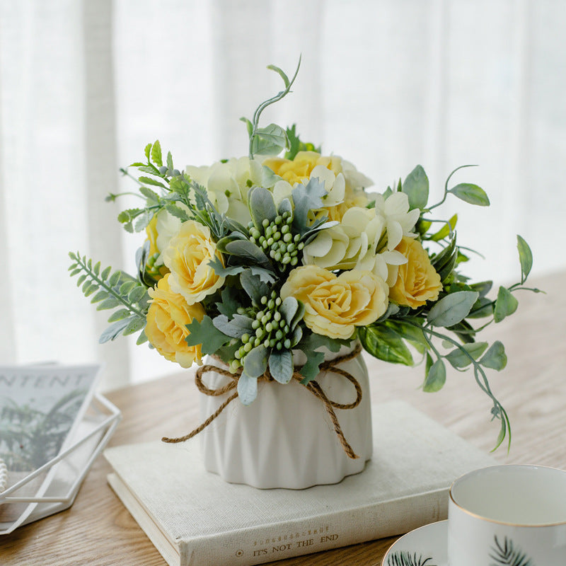 Artificial Floral Arrangement with Roses, Ceramic Pot and Twine Bow