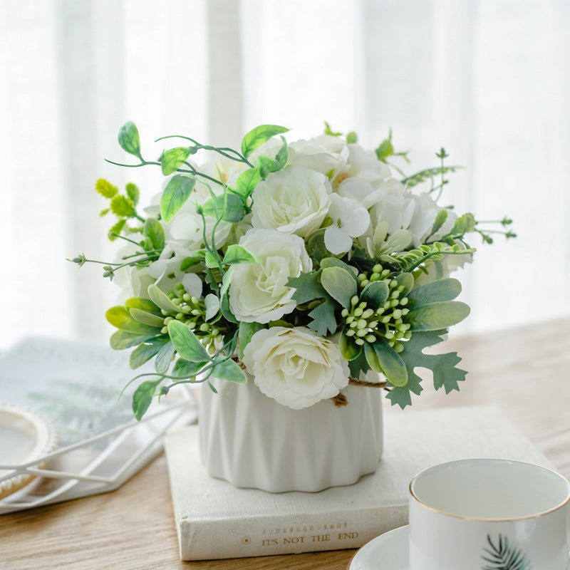 Artificial Floral Arrangement with Roses, Ceramic Pot and Twine Bow