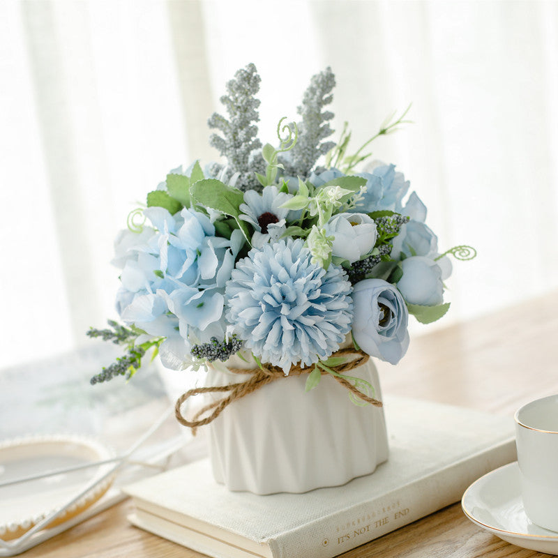 Artificial Floral Arrangement with Roses, Ceramic Pot and Twine Bow