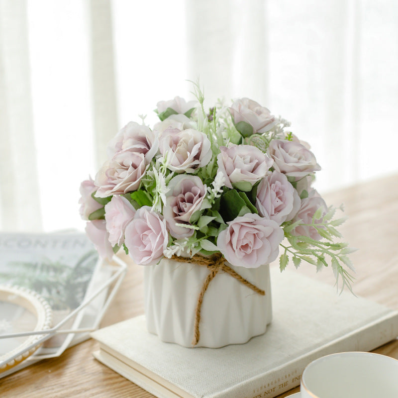 Artificial Floral Arrangement with Roses, Ceramic Pot and Twine Bow