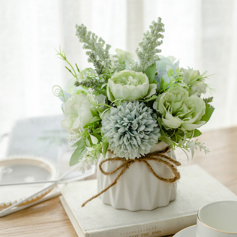 Artificial Floral Arrangement with Roses, Ceramic Pot and Twine Bow