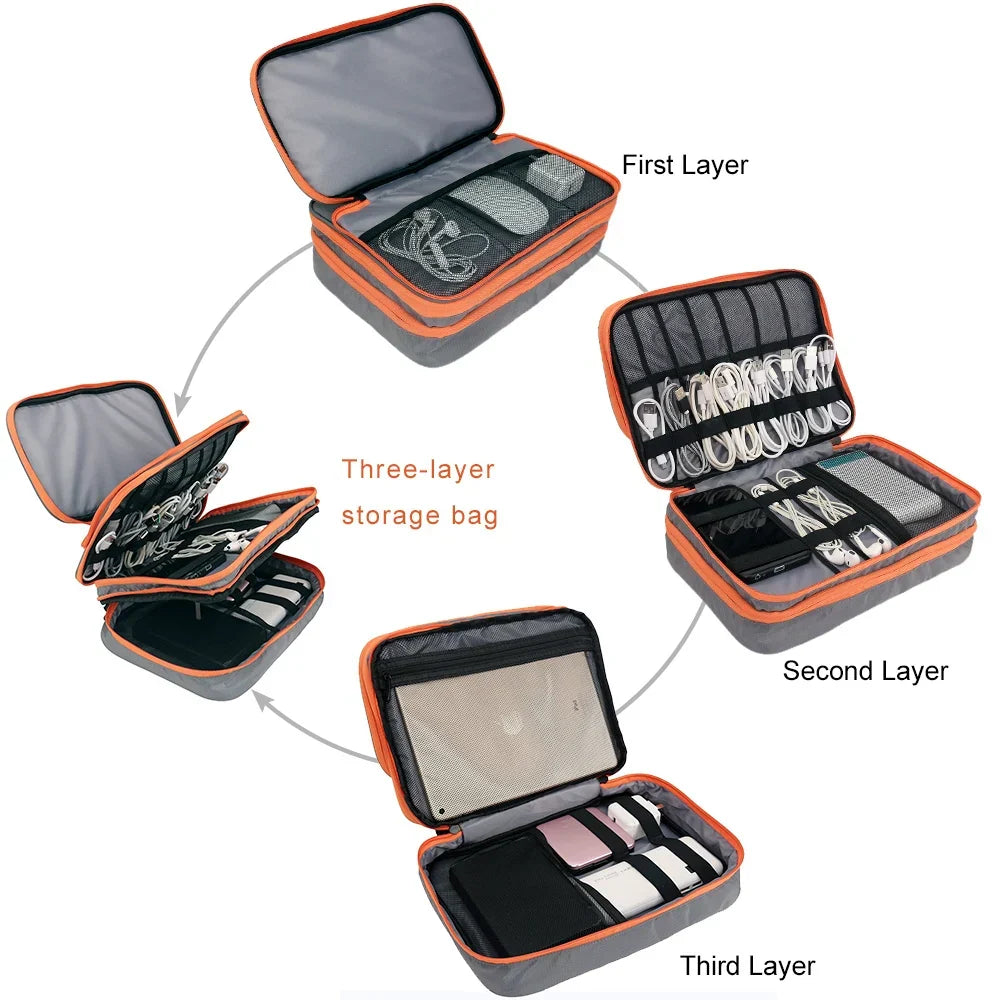 Electronics Organiser Bag - 3 Layer, Waterproof Nylon, 30x23x11 cm, Grey, view 5