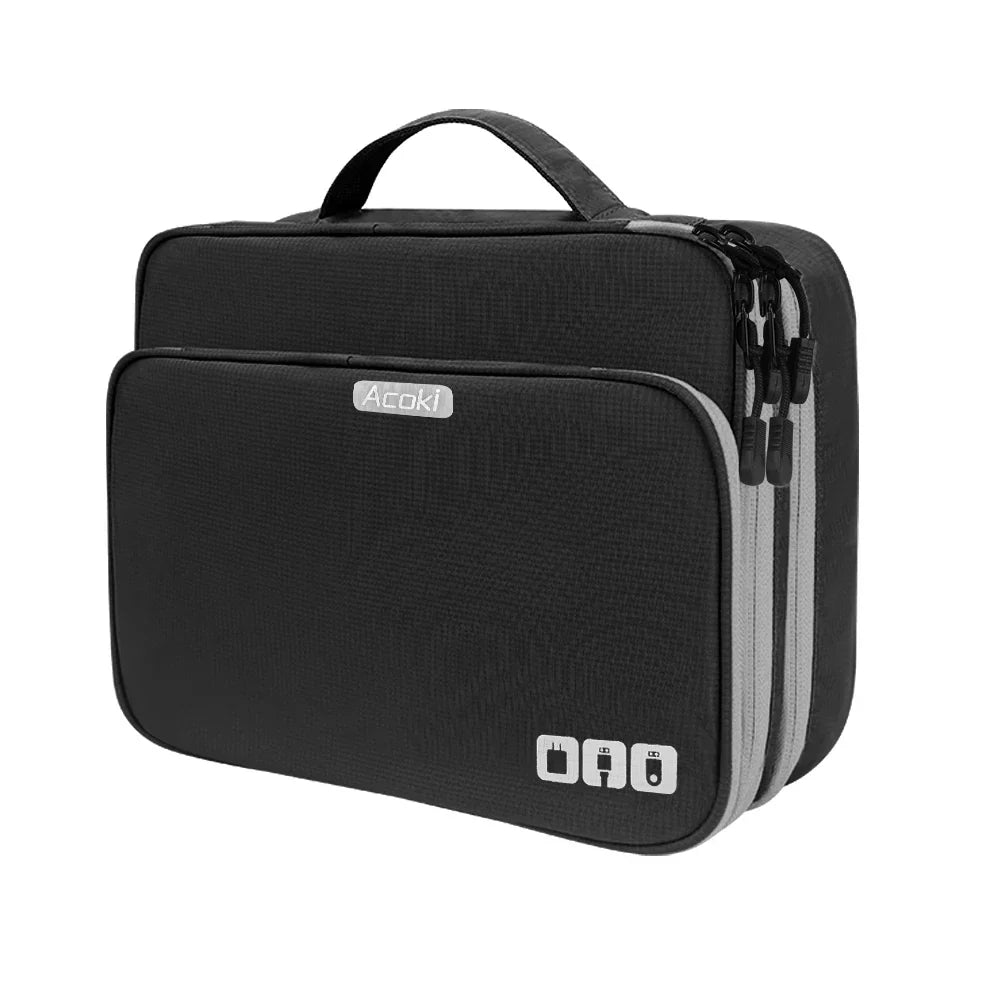 Electronics Organiser Bag - 3 Layer, Waterproof Nylon, 30x23x11 cm, Grey