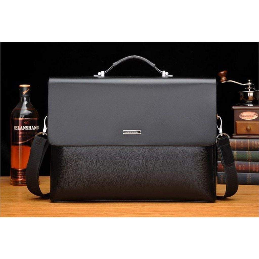 Men's Business Leather Briefcase - Black Synthetic, Laptop Sleeve, 38cm