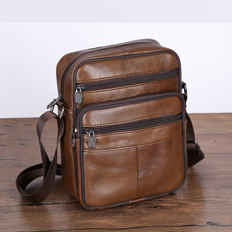Leather Men's Shoulder Bag - Genuine Cowhide, Multiple Pockets, Adjustable Strap, view 10