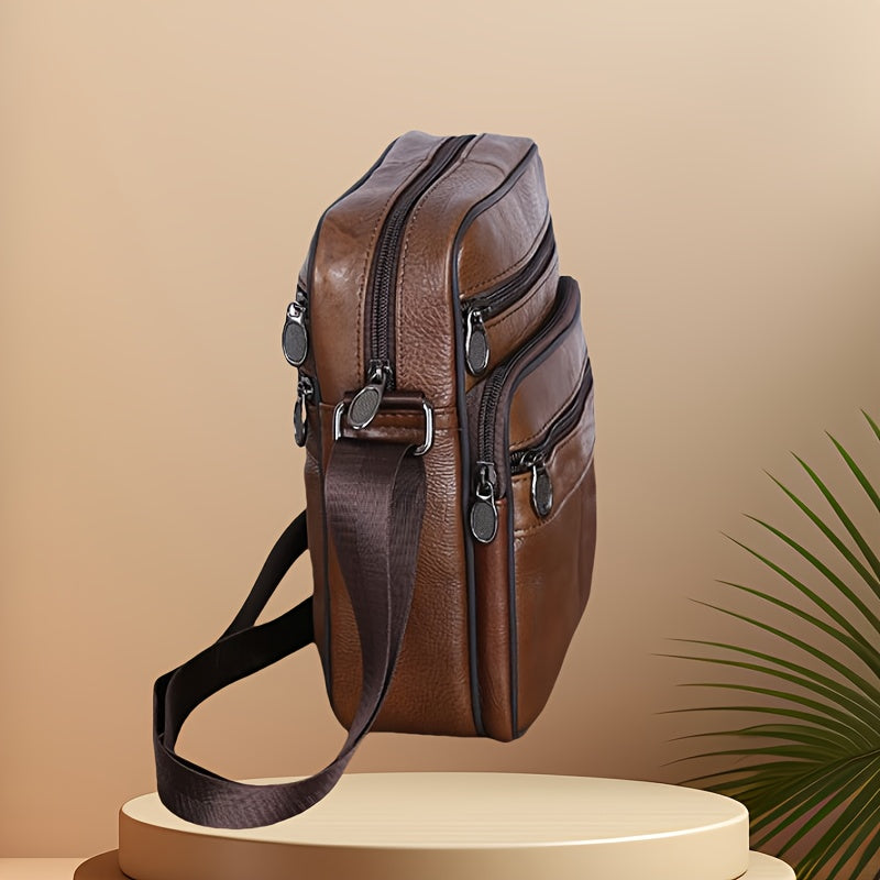 Leather Men's Shoulder Bag - Genuine Cowhide, Multiple Pockets, Adjustable Strap, view 2