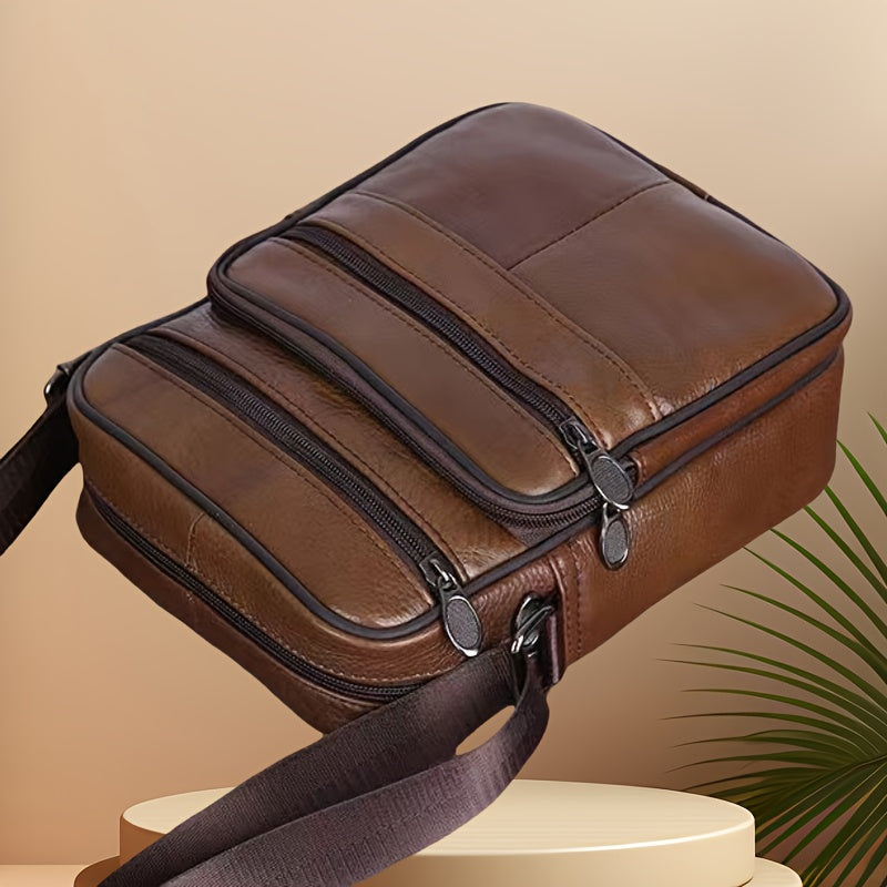 Leather Men's Shoulder Bag - Genuine Cowhide, Multiple Pockets, Adjustable Strap, view 3