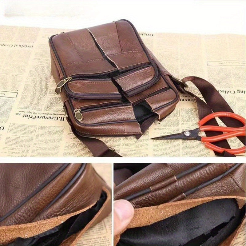 Leather Men's Shoulder Bag - Genuine Cowhide, Multiple Pockets, Adjustable Strap, view 5