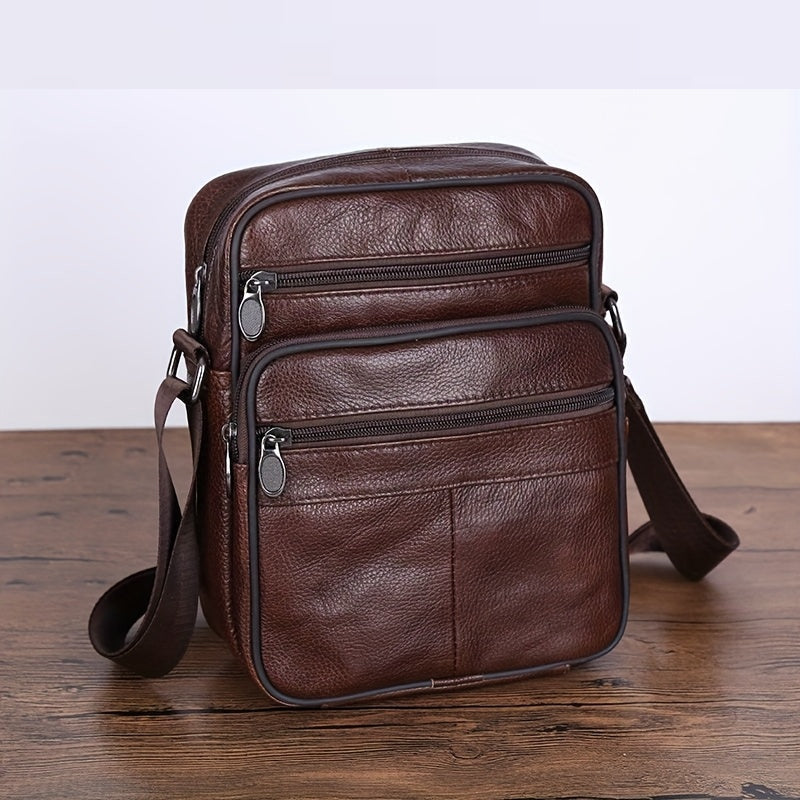 Leather Men's Shoulder Bag - Genuine Cowhide, Multiple Pockets, Adjustable Strap, view 9