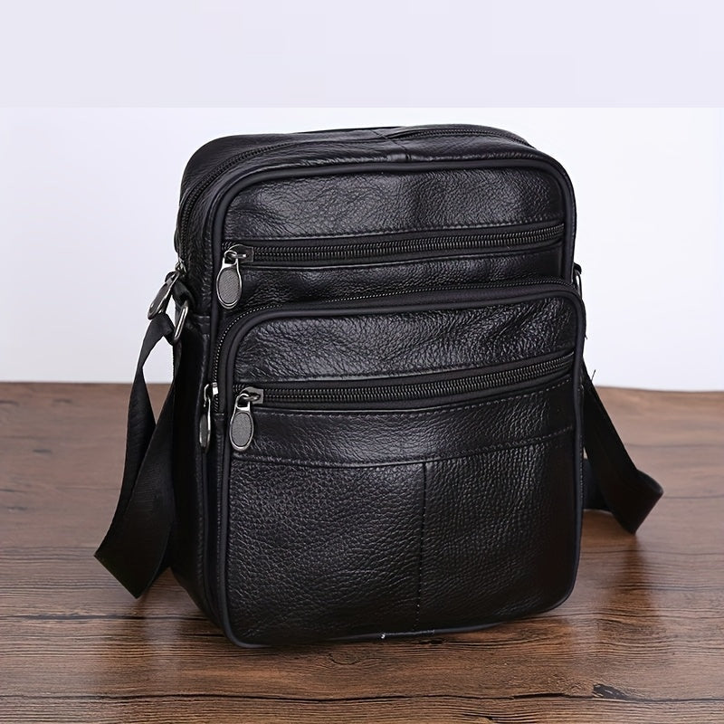 Leather Men's Shoulder Bag - Genuine Cowhide, Multiple Pockets, Adjustable Strap
