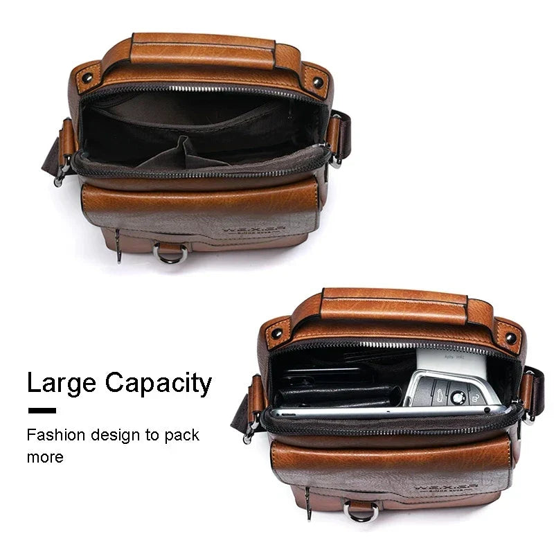 Men's Genuine Leather Shoulder Bag - 30cm x 25cm, Adjustable Strap, view 3