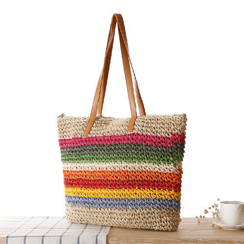 Handwoven Raffia Tote Bag with Colourful Stripes for Summer Outings, view 2