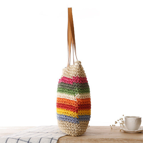Handwoven Raffia Tote Bag with Colourful Stripes for Summer Outings, view 3
