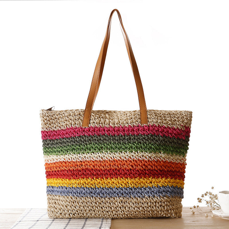Handwoven Raffia Tote Bag with Colourful Stripes for Summer Outings, view 5