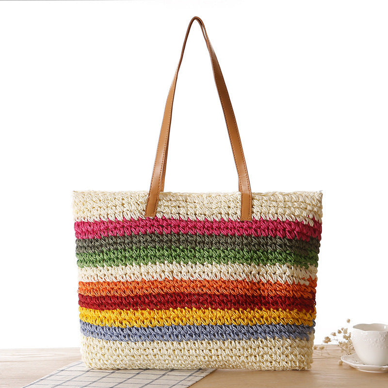 Handwoven Raffia Tote Bag with Colourful Stripes for Summer Outings, view 6