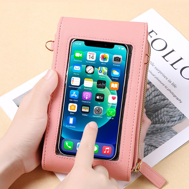 Large Capacity Crossbody Touch Screen Phone Bag - PU Leather, Zipper Closure, view 2