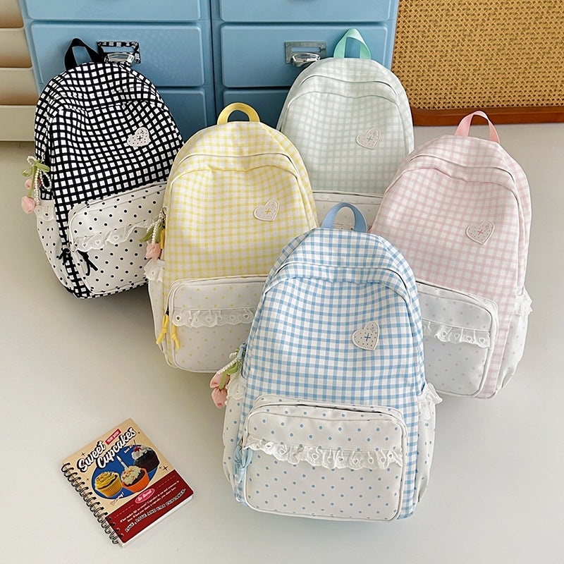 Gingham Pattern Backpack with Polka Dot Accents - Everyday Style, view 2