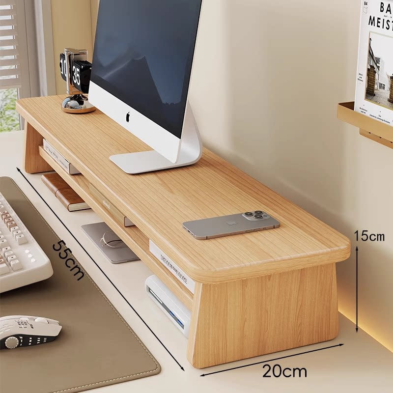 Bamboo Monitor Riser Desk Organiser with Under-Shelf Storage and Cable Management