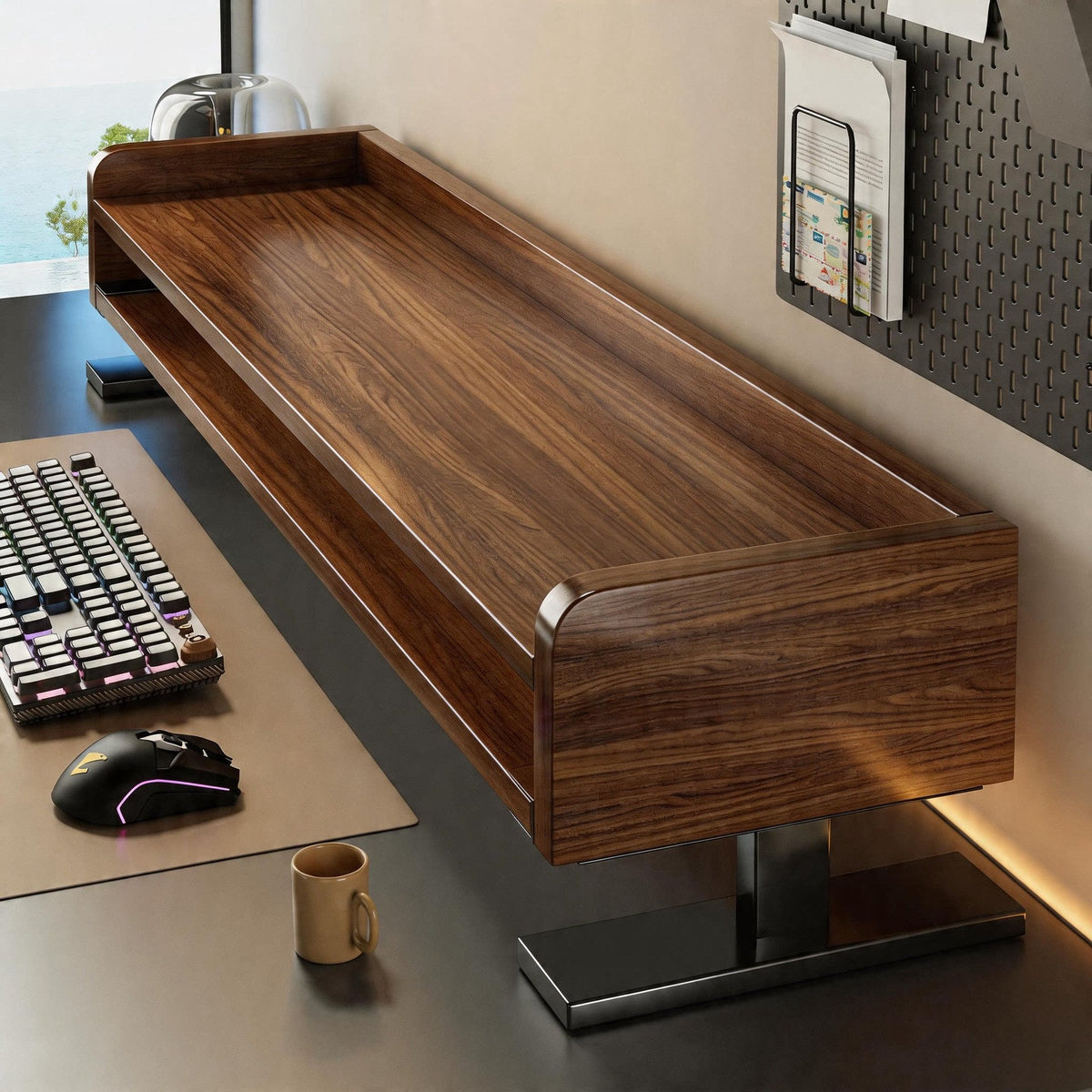 Bamboo Monitor Riser Desk Organiser with Under-Shelf Storage and Cable Management