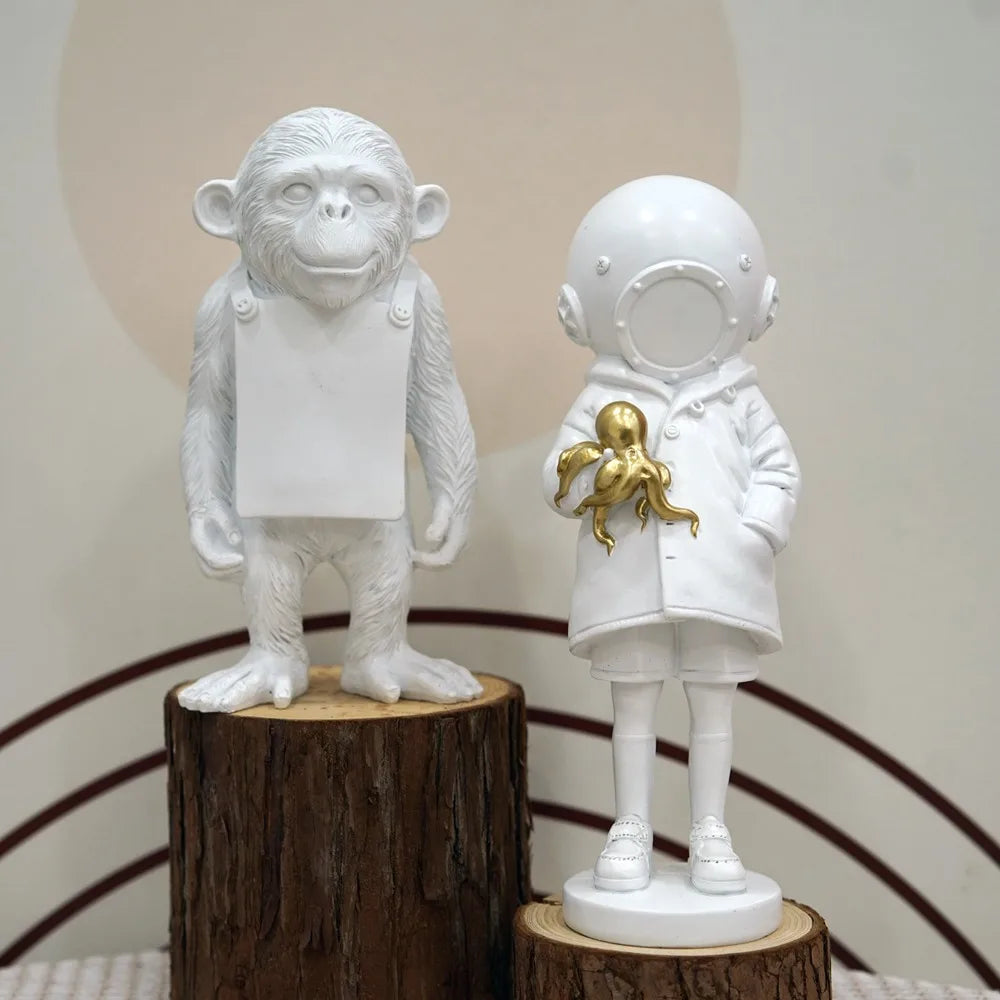 Banksy Flower Thrower & Balloon Girl Resin Sculptures, 0.8 kg Each