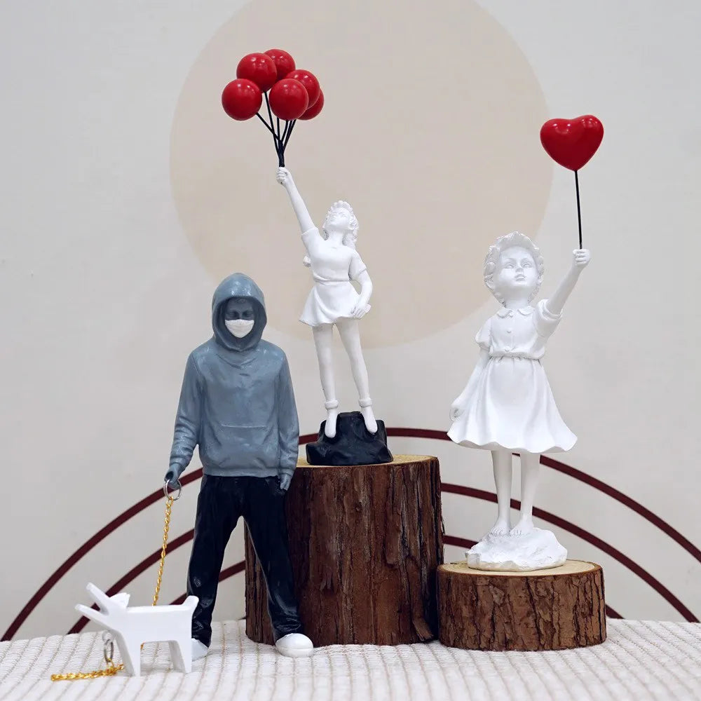 Banksy Flower Thrower & Balloon Girl Resin Sculptures, 0.8 kg Each
