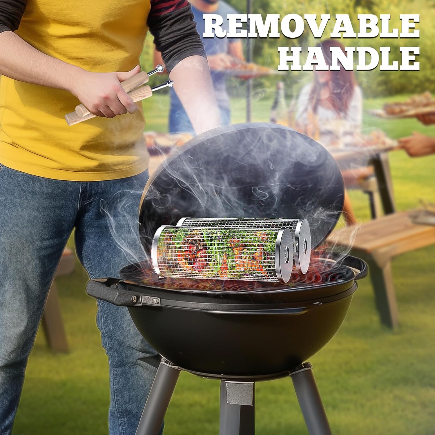Stainless Steel Grill Baskets for Outdoor BBQ - Nesting Design, Wooden Handles, view 3