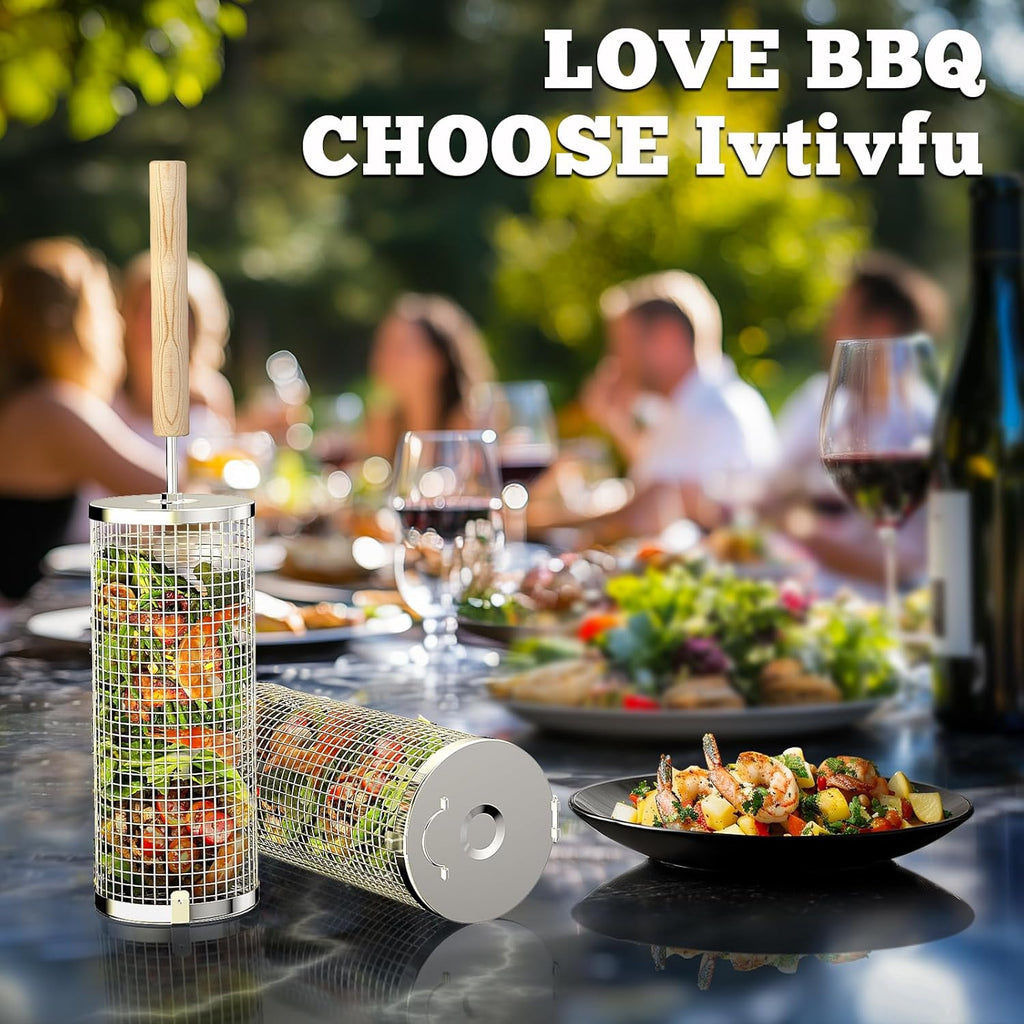Stainless Steel Grill Baskets for Outdoor BBQ - Nesting Design, Wooden Handles, view 4