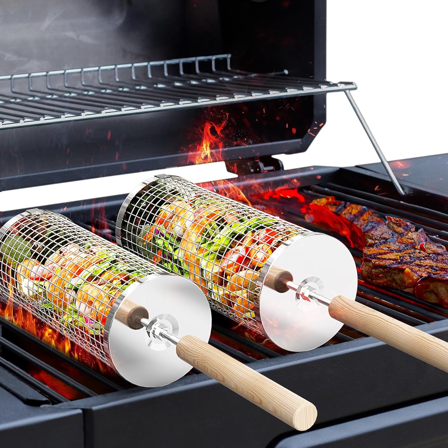 Stainless Steel Grill Baskets for Outdoor BBQ - Nesting Design, Wooden Handles, view 6