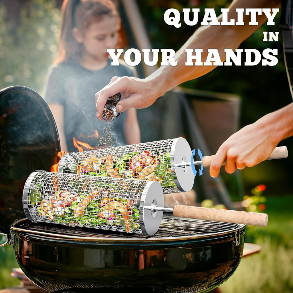 Stainless Steel Grill Baskets for Outdoor BBQ - Nesting Design, Wooden Handles