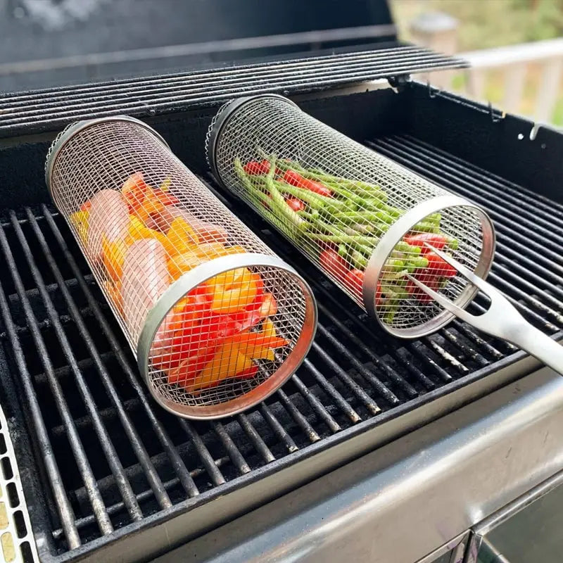 Stainless Steel Rolling Grill Basket for BBQ - 360° Rotation, 20 x 9 cm
