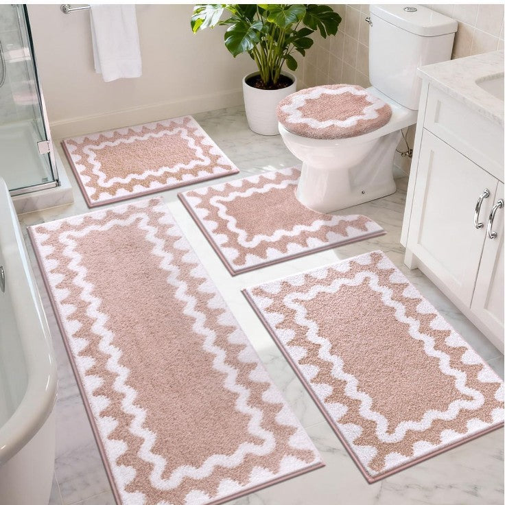 Bathroom Rug Set with Zigzag Pattern and Non-Slip Backing