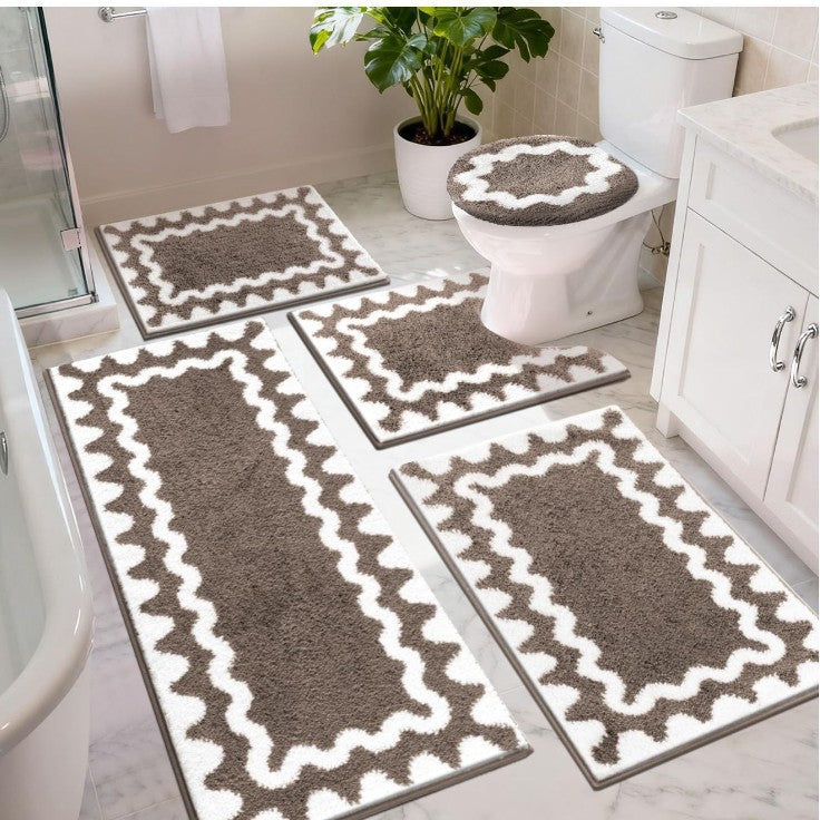Bathroom Rug Set with Zigzag Pattern and Non-Slip Backing