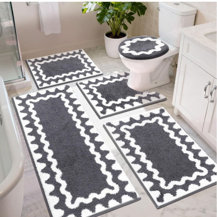 Bathroom Rug Set with Zigzag Pattern and Non-Slip Backing