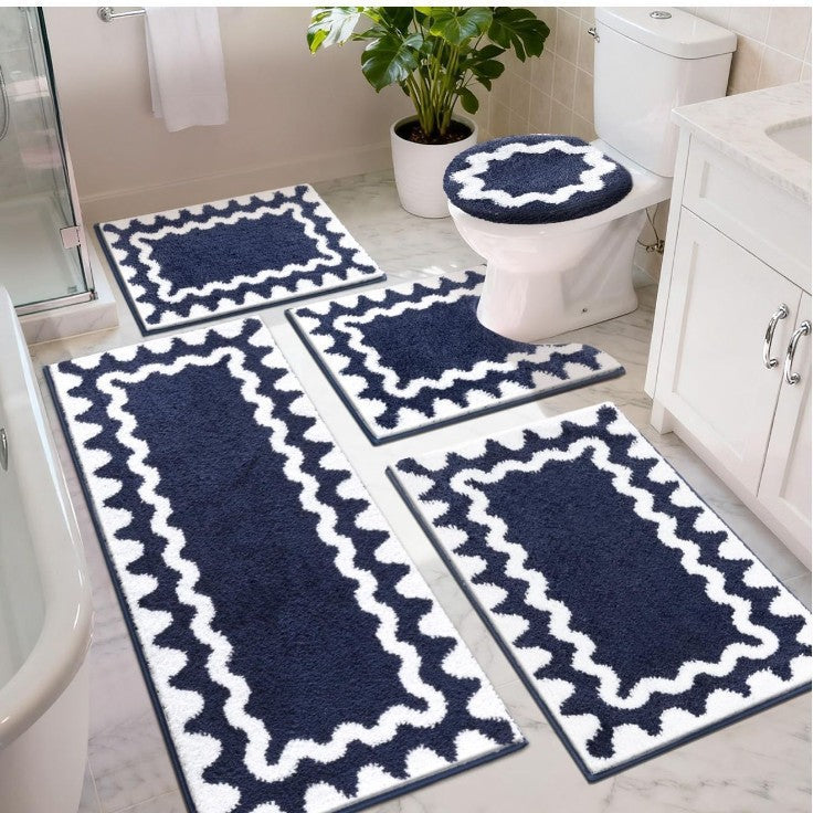 Bathroom Rug Set with Zigzag Pattern and Non-Slip Backing