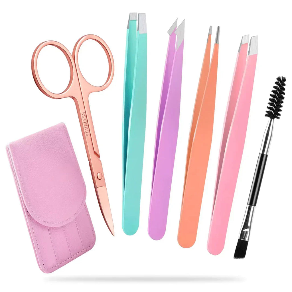 Precision Tweezers Set for Eyebrows - 6 Piece Stainless Steel, Travel Case