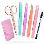 Precision Tweezers Set for Eyebrows - 6 Piece Stainless Steel, Travel Case