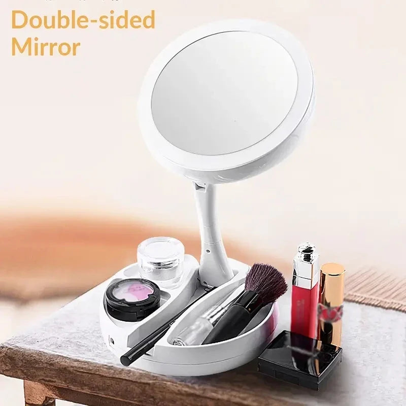 Double-Sided Travel Cosmetic Mirror with LED Light - 10x Magnification, Foldable, view 2