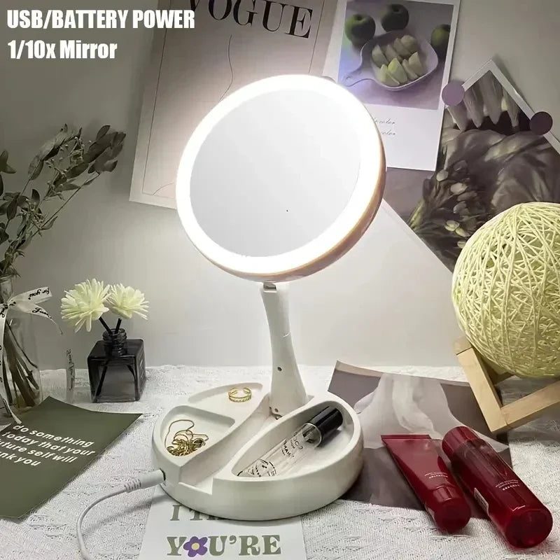 Double-Sided Travel Cosmetic Mirror with LED Light - 10x Magnification, Foldable, view 5