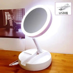 Double-Sided Travel Cosmetic Mirror with LED Light - 10x Magnification, Foldable