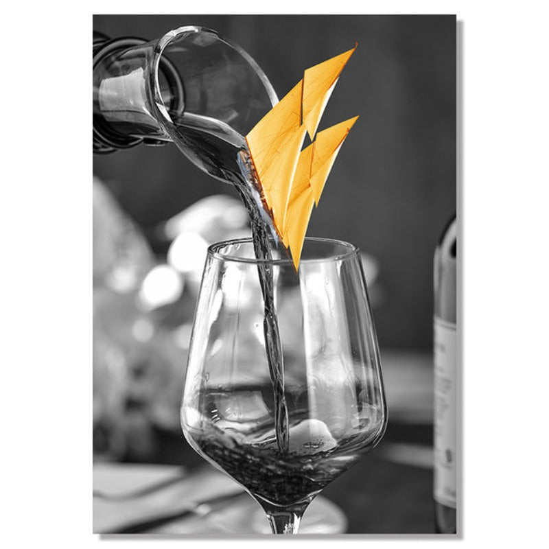 Elegant Black Wine Glass Canvas Art with Boat Design | Welvere-Welvere