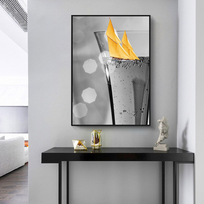 Elegant Black Wine Glass Canvas Art with Boat Design | Welvere-Welvere