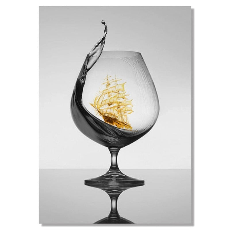 Elegant Black Wine Glass Canvas Art with Boat Design | Welvere-Welvere