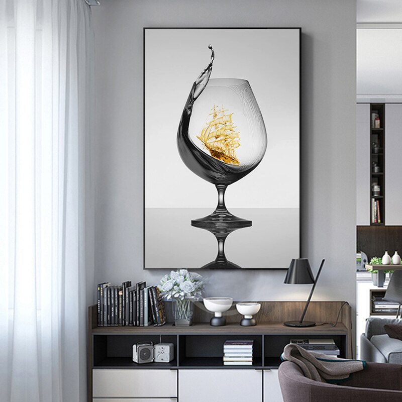 Elegant Black Wine Glass Canvas Art with Boat Design | Welvere-Welvere