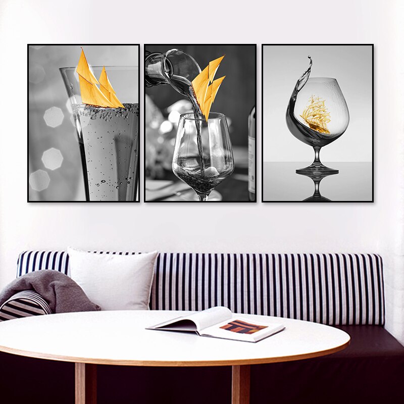 Elegant Black Wine Glass Canvas Art with Boat Design | Welvere-Welvere