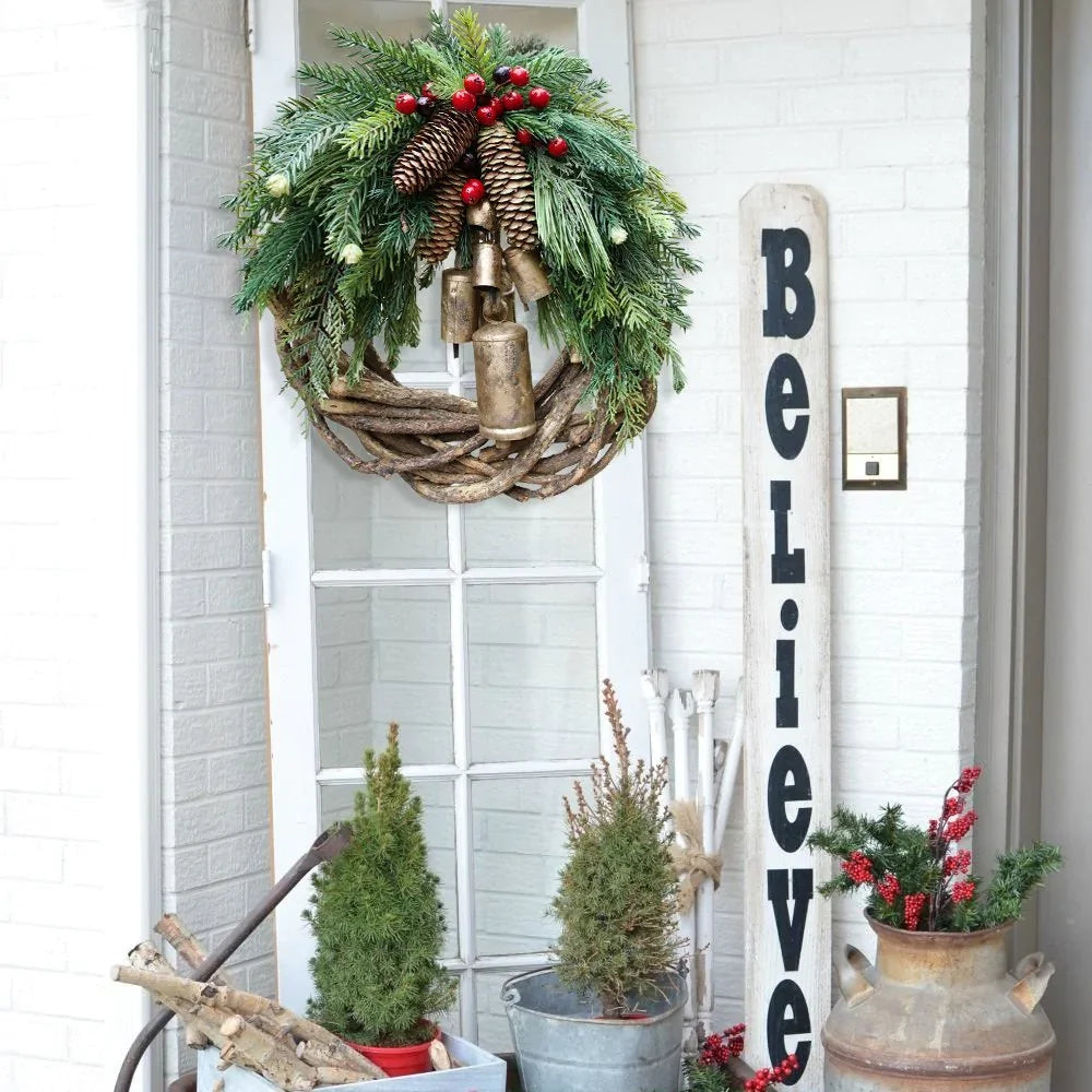 Boho Christmas Wreath with Rustic Vine Base, Pinecones and Golden Bells